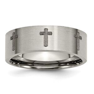 8mm Titanium Brushed & Lasered Cross Flat Standard Fit Band, Size 7.5